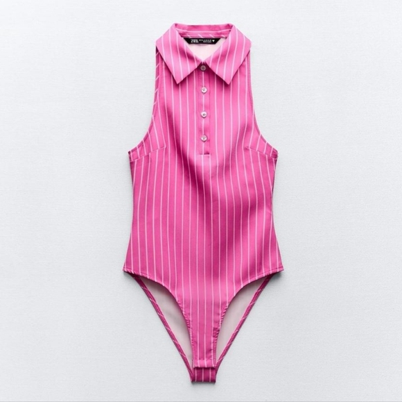 Zara Womens Size Large Stretch Striped Bodysuit Pink Tennis Prep Spring - Picture 2 of 14